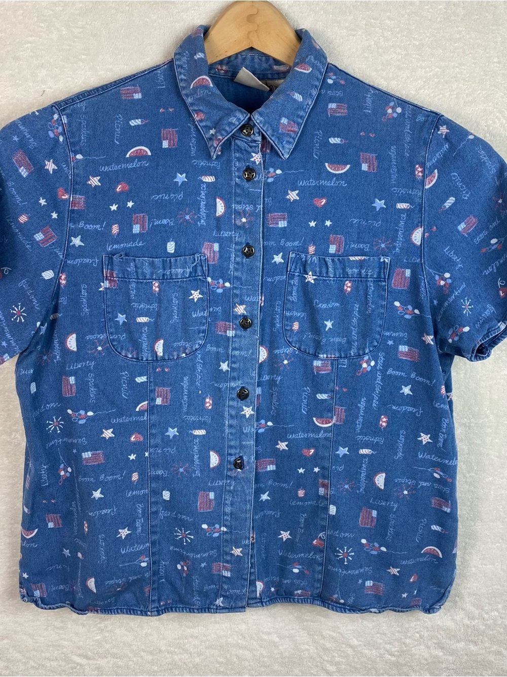 VTG 4th Of July Denim Shirt Sz L Blue Floral 90s Mom Y2K Cottage Nostalgia